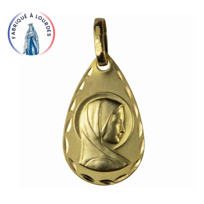 Médaille Vierge Marie goutte bords lapidés – Or 9 carats – 19 mm – Fabriquée à Lourdes