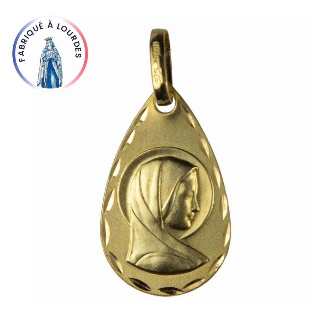 Médaille Vierge Marie goutte bords lapidés – Or 9 carats – 19 mm – Fabriquée à Lourdes