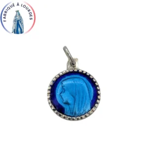 Médaille Vierge perlée – Argent 925 – Émail grand feu bleu deux tons – 13 mm – Fabriquée à Lourdes