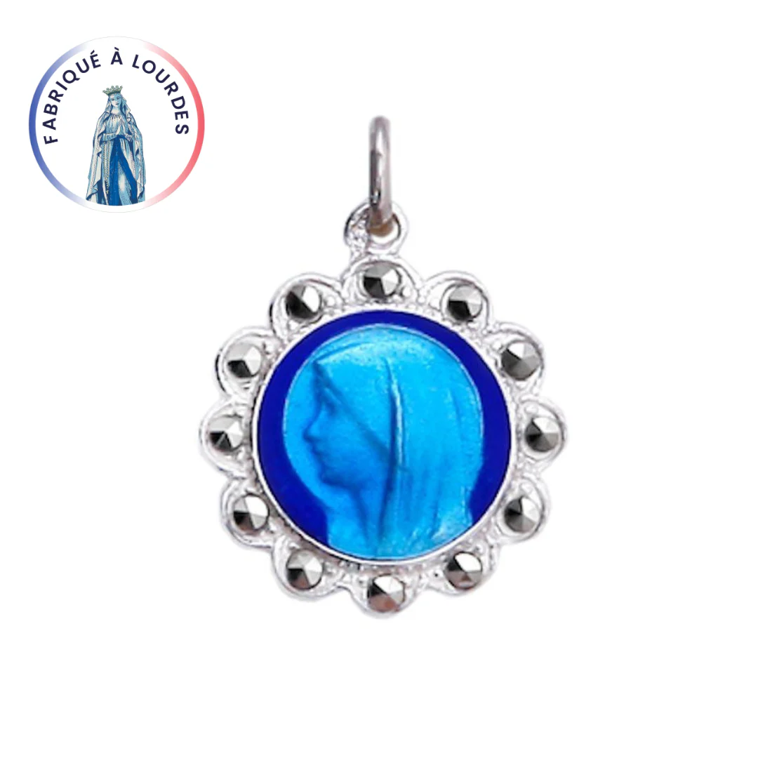 Médaille Vierge Argent ronde émail grand feu bleu - 12 marcassites - 12 mm