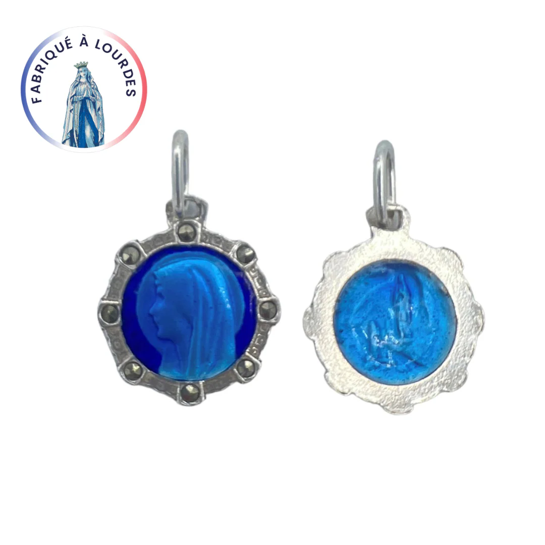 Médaille Vierge Argent 925/000 ronde émail grand feu bleu 2 tons 8 marcassites - 12 mm