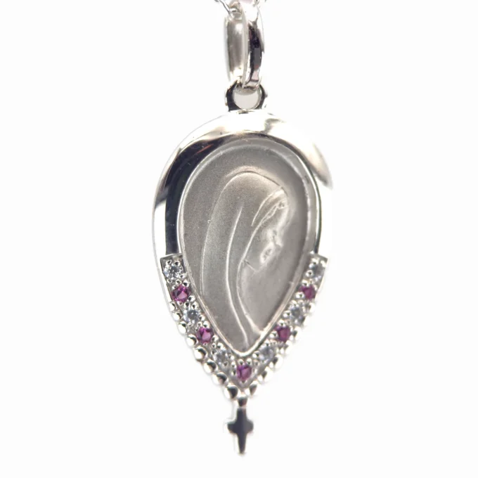 Pendentif Vierge Marie en forme de goutte – Argent 925 et zircons (blancs ou roses)