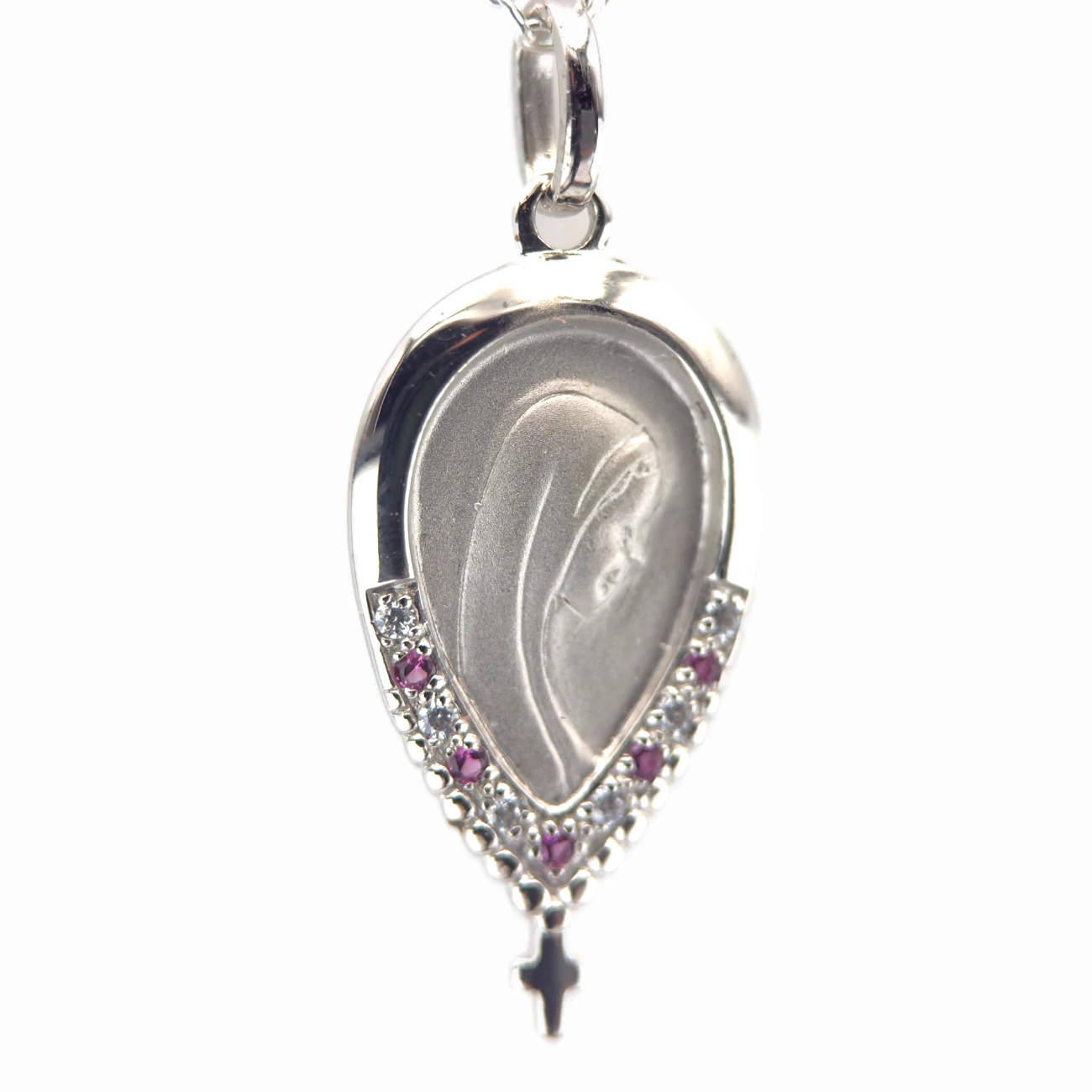 Pendentif Vierge Marie en forme de goutte – Argent 925 et zircons (blancs ou roses)