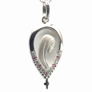 Pendentif Vierge Marie en forme de goutte ajourée – Argent 925 et zircons (blancs ou roses)