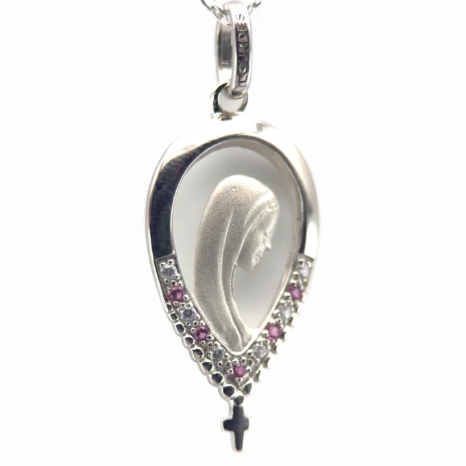 Pendentif Vierge Marie en forme de goutte ajourée – Argent 925 et zircons (blancs ou roses)