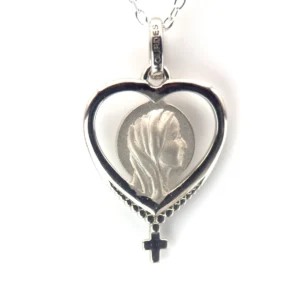 Médaille de Lourdes en forme de cœur – Argent et fond ajouré – Vierge Marie avec croix 20 mm
