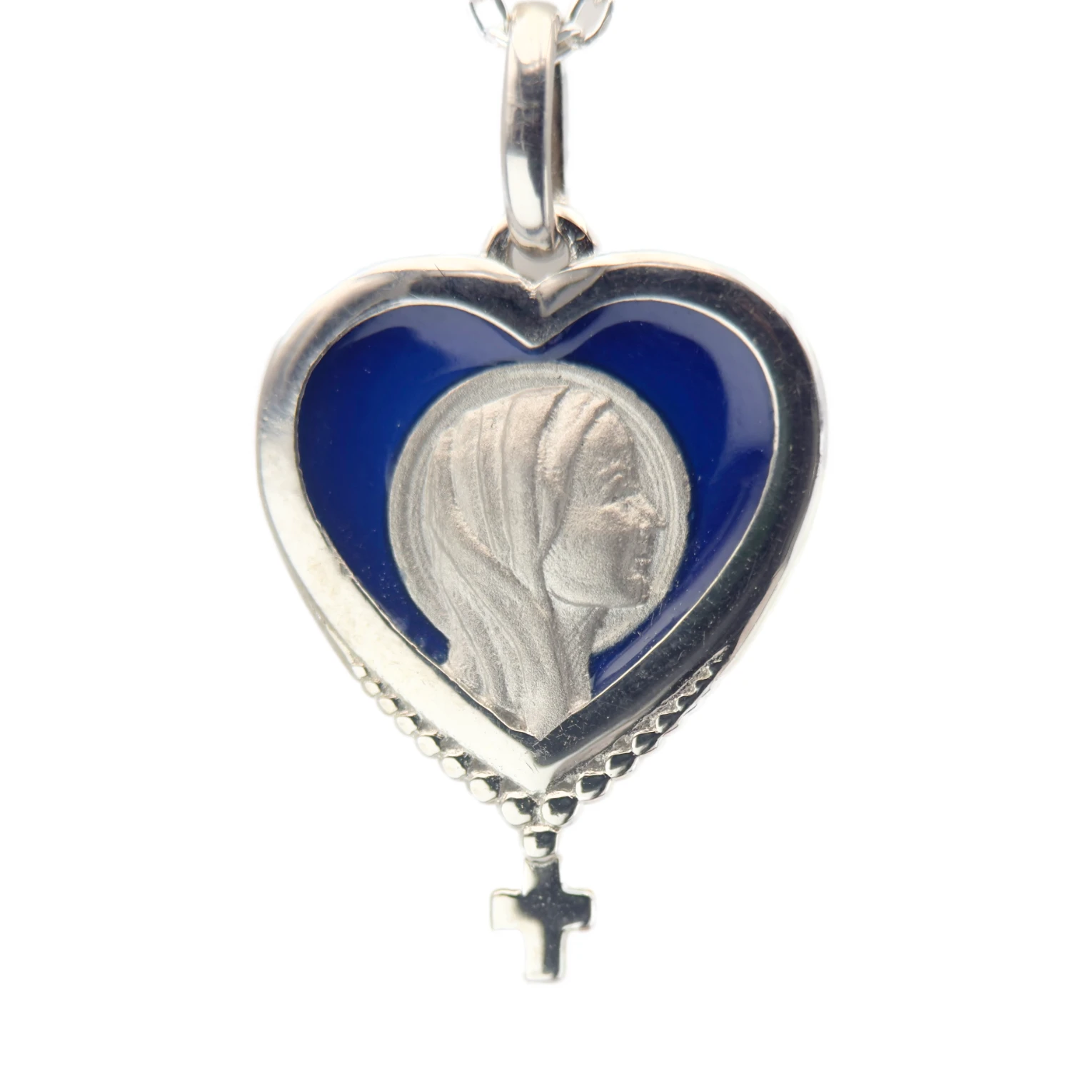 Médaille en forme de cœur – Argent et bleu émaillé – Vierge Marie avec croix 20 mm