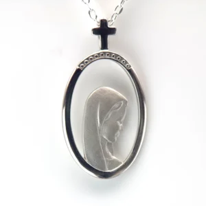 Médaille Vierge Marie ovale ajourée en argent avec croix bélière – 17 mm ou 23 mm