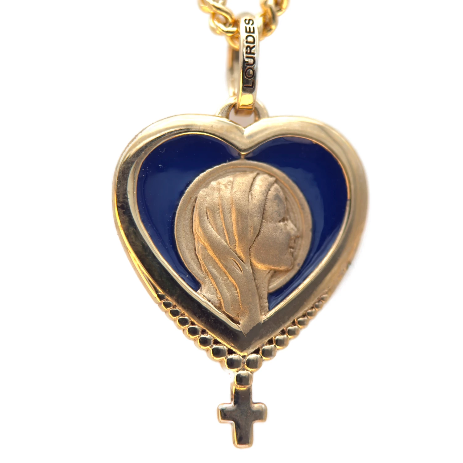 Médaille de la vierge marin en forme de coeur en or sur fond bleu