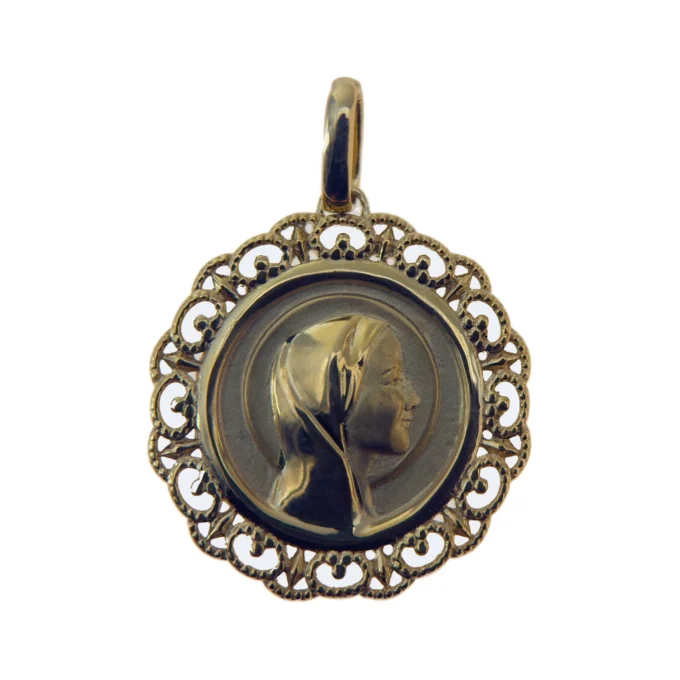 Médaille Vierge Marie dorée – Bordure ajourée perlée - 20 mm
