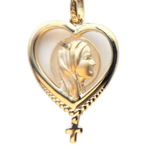 Médaille de Lourdes en forme de cœur – Plaqué or et ajourée – Vierge Marie avec croix 20 mm