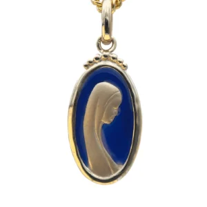 Médaille Vierge Marie ovale en plaqué or 18 carats avec fond émaillé bleu – 16 mm ou 23 mm