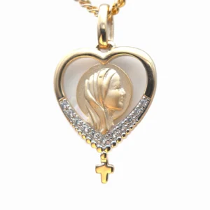 Médaille Vierge Marie Cœur Or et Argent – Avec Croix Suspendue (Pierres Blanches ou Bleues)