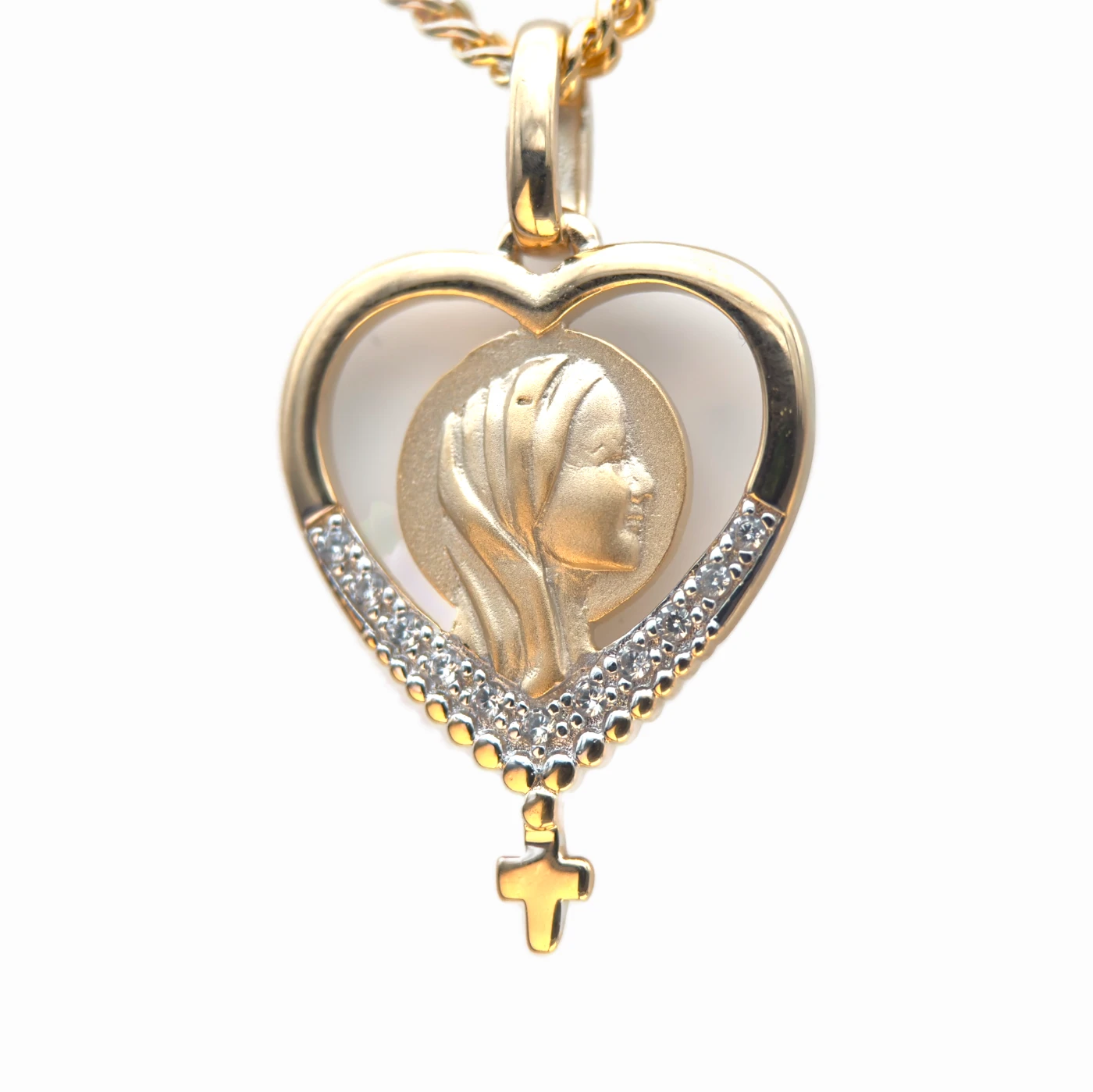 Médaille Vierge Marie Cœur Or et Argent – Avec Croix Suspendue (Pierres Blanches ou Bleues)