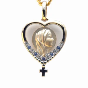 Médaille Vierge Marie Cœur Or et Argent – Avec Croix Suspendue (Pierres Blanches ou Bleues)