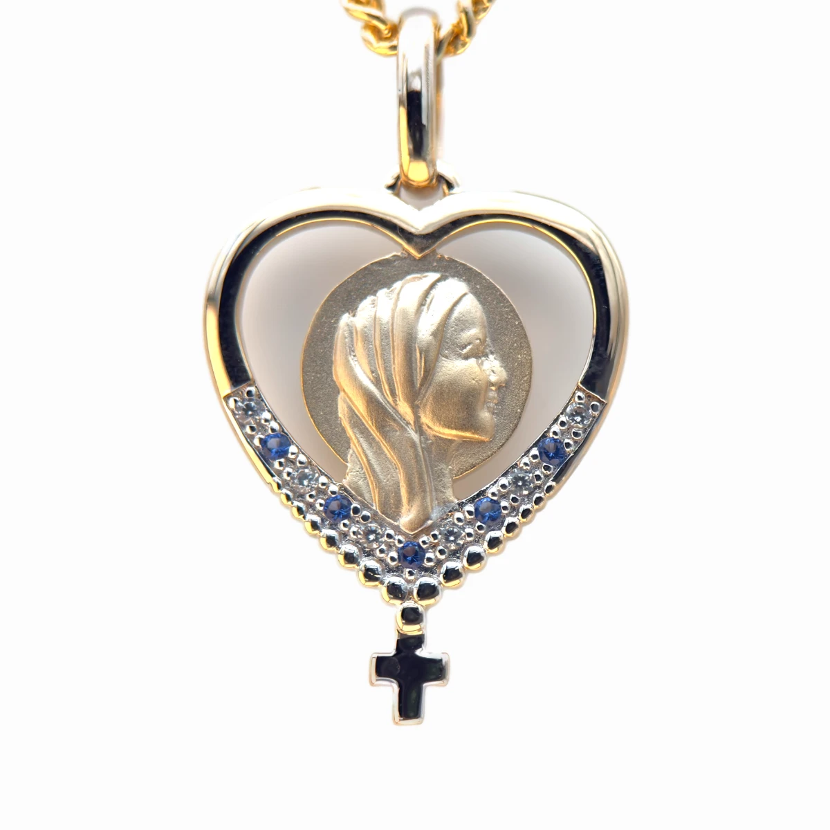 Médaille Vierge Marie Cœur Or et Argent – Avec Croix Suspendue (Pierres Blanches ou Bleues)