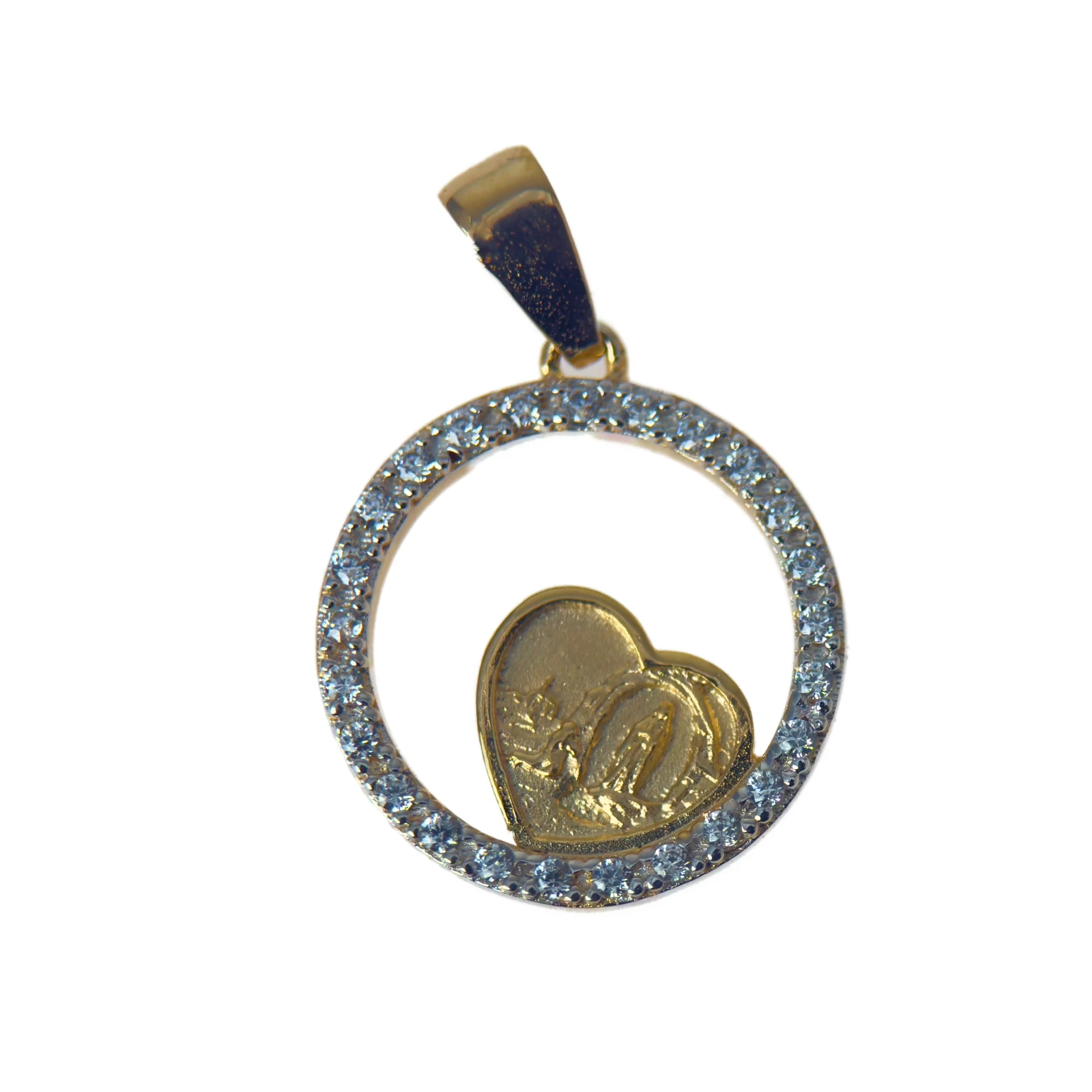 Pendentif Notre-Dame de Lourdes doré – Cœur dans un cercle orné de strass
