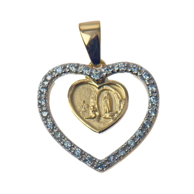 Pendentif cœur doré Notre-Dame de Lourdes serti de strass