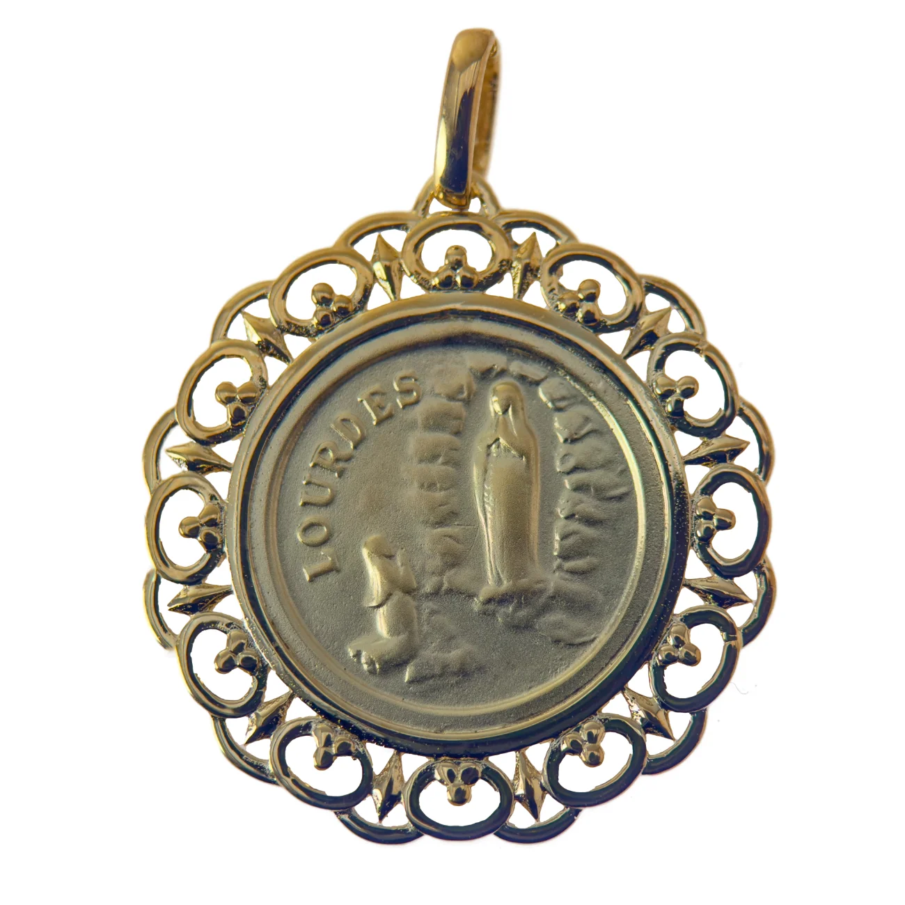 Médaille ronde Apparition de Lourdes ajourée – Plaqué or 18 carats