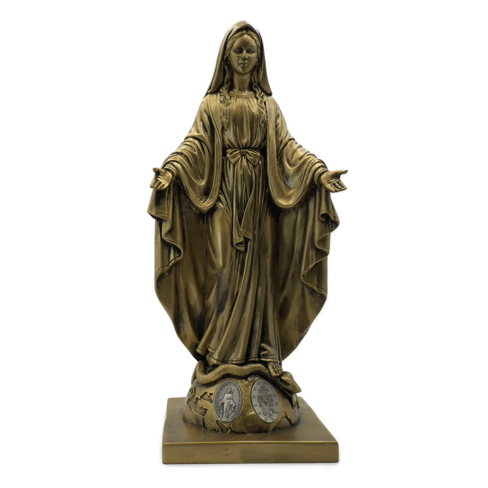 Statue Vierge Miraculeuse 40 cm – Résine finition bronze – Détails de la Médaille Miraculeuse