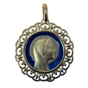 Médaille Vierge Marie en plaqué or – Bord ajouré lisse et fond émaillé bleu- 30 mm