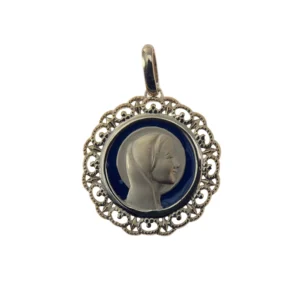 Médaille Vierge Marie plaqué or – Bordure ajourée perlée et fond bleu émaillé- 20 mm