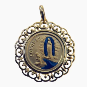 Médaille ronde Apparition de Lourdes ajourée avec émail bleu – Plaqué or 18 carats