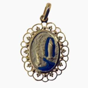 Médaille Apparition de Lourdes ajourée avec émail bleu – Plaqué or 18 carats