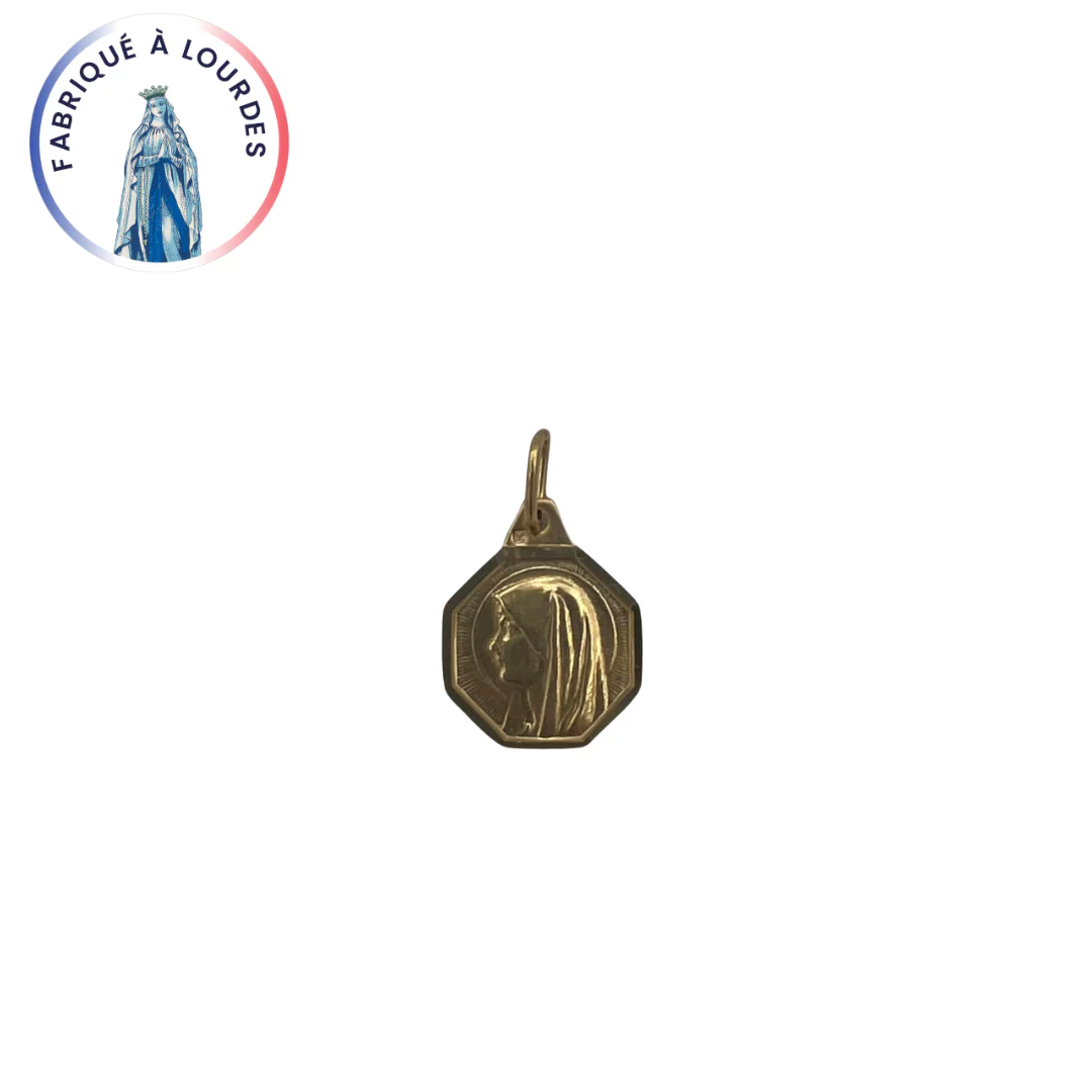 Médaille octogonale Vierge Marie – Plaqué or 18 carats – Fabriquée à Lourdes