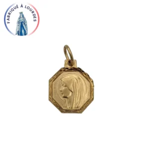 Médaille octogonale Vierge Marie – Plaqué or 3 microns – 15 mm – Fabriquée à Lourdes