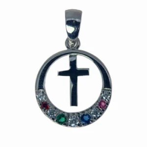 Pendentif rond et croix en argent pierres multicolores – 17 mm