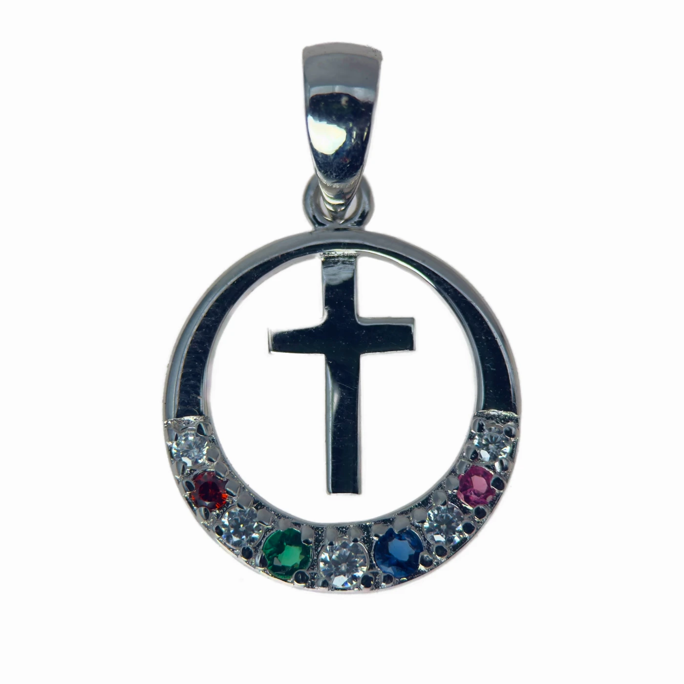 Pendentif rond et croix en argent pierres multicolores – 17 mm