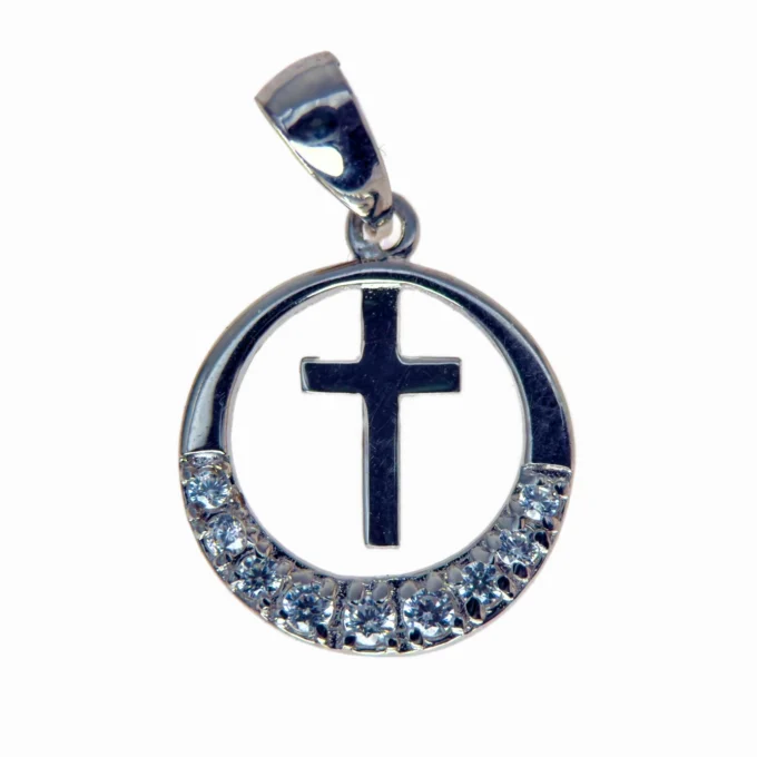 Pendentif rond et croix en argent – pierres blanches 17 mm