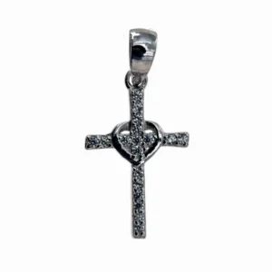 Croix en argent 925 et cœur serti d’oxydes – Foi et amour – 20 mm