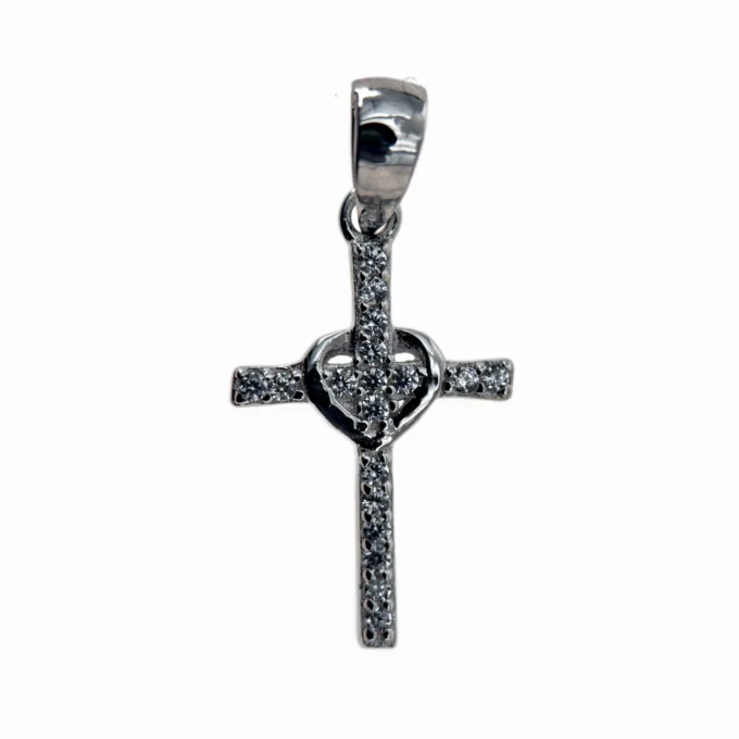 Croix en argent 925 et cœur serti d’oxydes – Foi et amour – 20 mm
