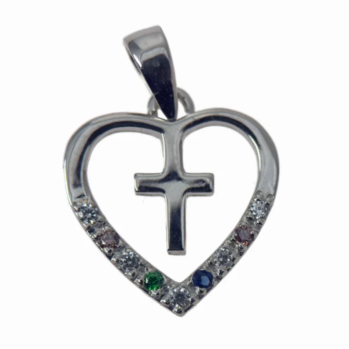 Pendentif cœur et croix en argent pierres multicolores – 17 mm