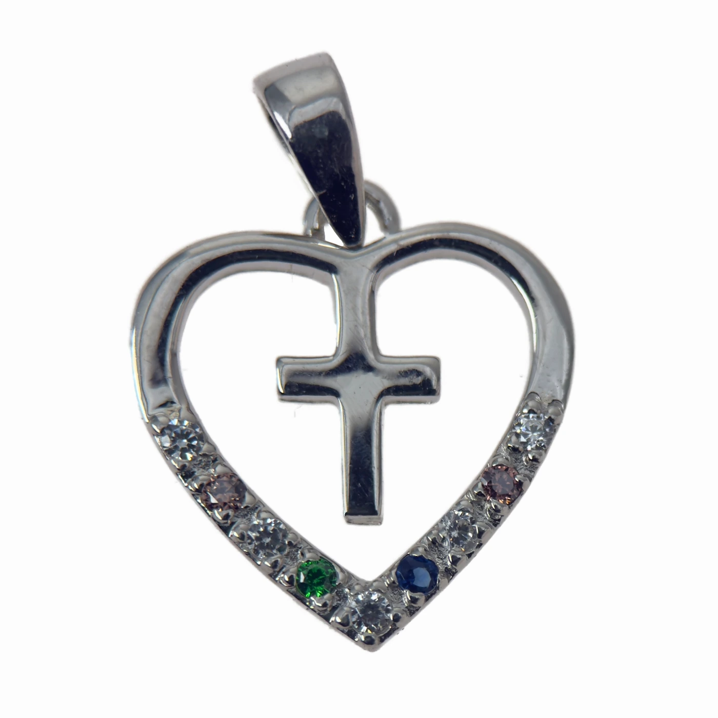 Pendentif cœur et croix en argent pierres multicolores – 17 mm