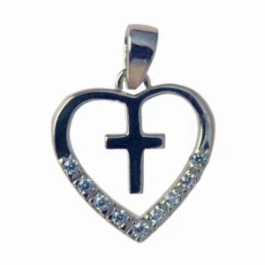 Pendentif cœur et croix en argent – pierres blanches 17 mm