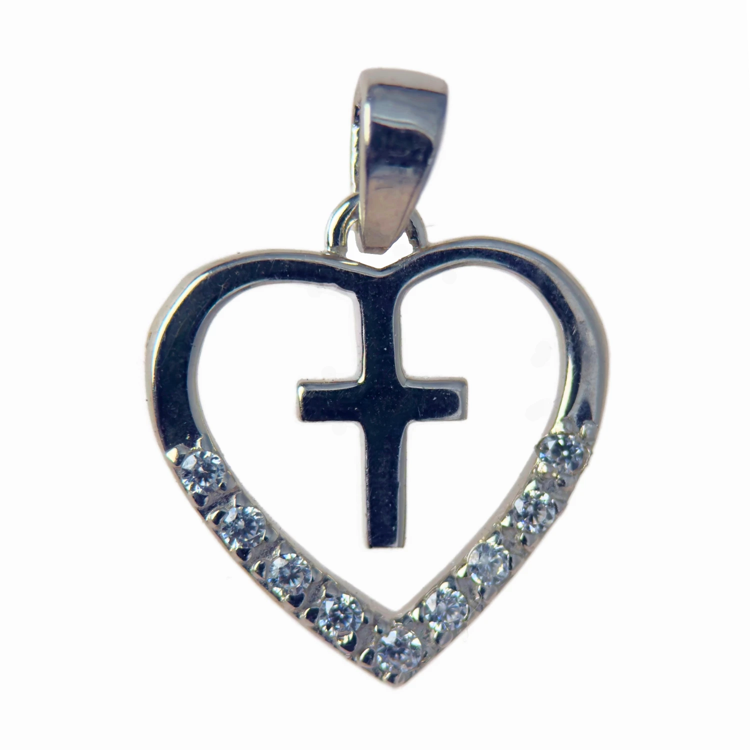 Pendentif cœur et croix en argent – pierres blanches 17 mm