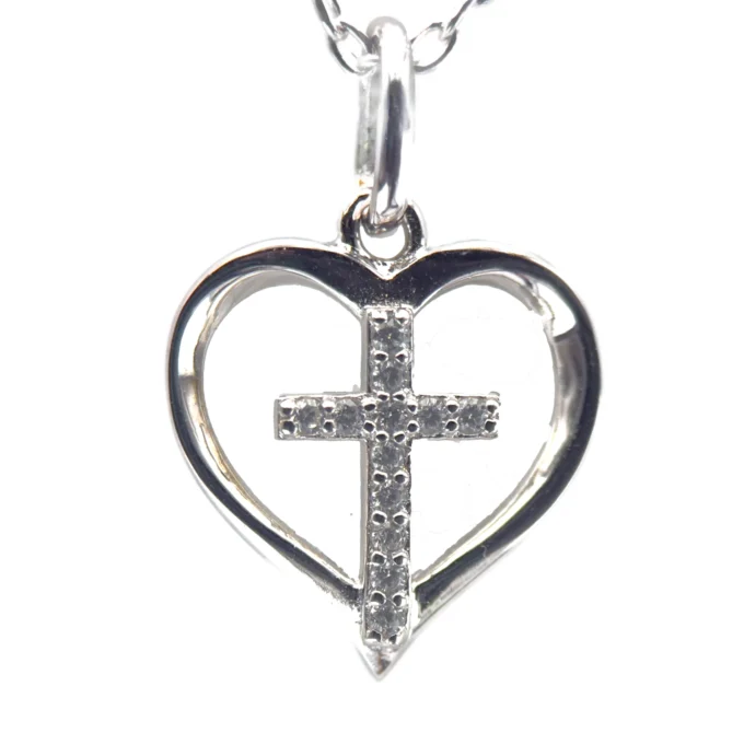 Pendentif cœur et croix en Argent massif serti de pierres – 15 mm