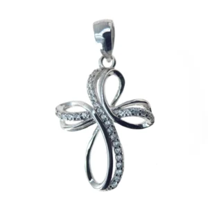 Croix argent 925 rubans entrelacés sertie d’oxydes – Foi et éternité – 20 mm