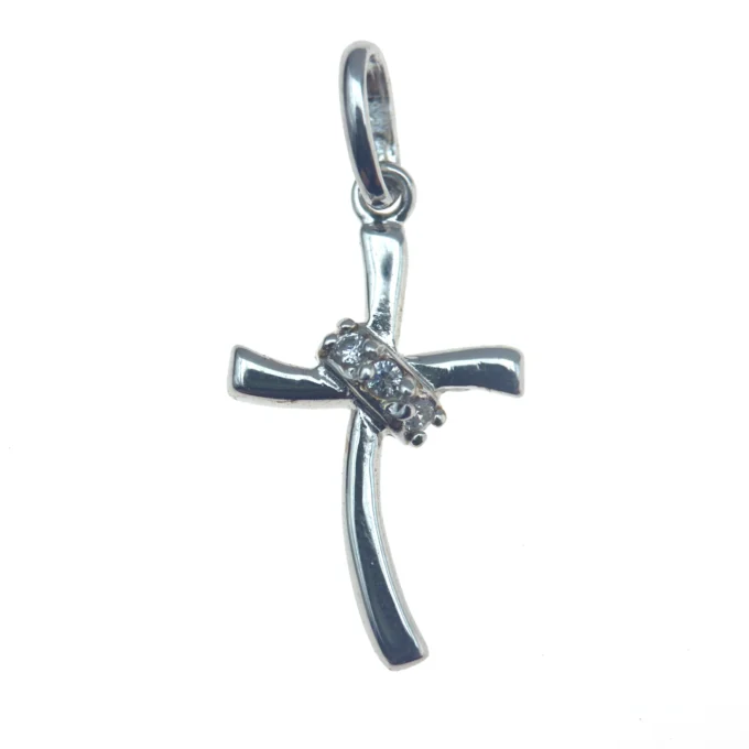 Croix stylisée en argent avec couronne sertie de pierres – pendentif religieux moderne