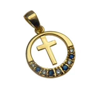 Pendentif Croix plaqué or Cercle de Lumière – Pierres ou Bleues
