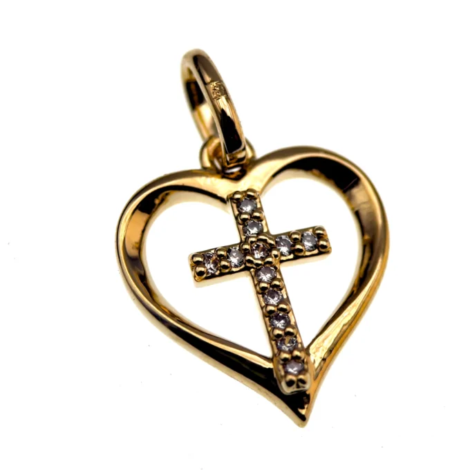 Pendentif cœur et croix en plaqué or serti de pierres – 15 mm