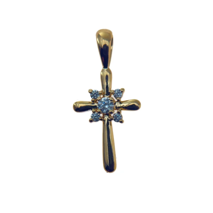 Croix plaqué or et oxydes bleue – 18 mm