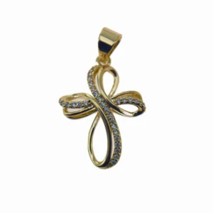 Croix plaqué or rubans entrelacés sertie d’oxydes – Foi et éternité – 20 mm