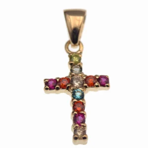 Croix plaqué or pierres multicolores – Lumière et Espérance – 18 mm
