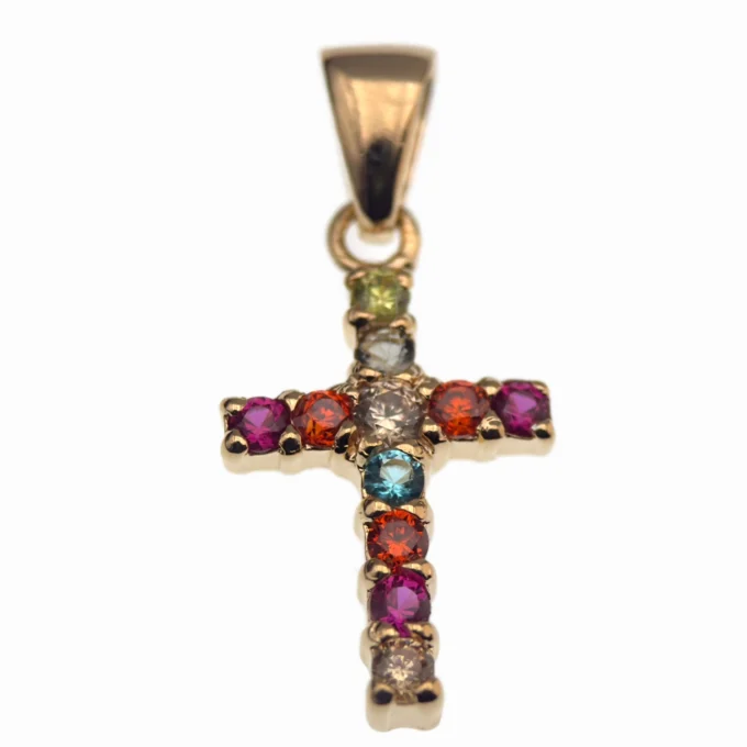 Croix plaqué or pierres multicolores – Lumière et Espérance – 18 mm
