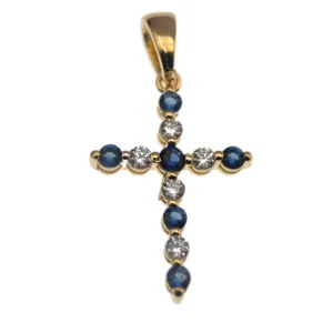 Croix plaqué or pierres bleues et blanches – Deux tailles : 17 et 21 mm