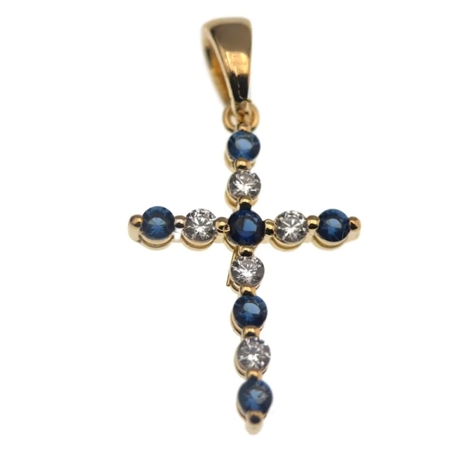 Croix plaqué or pierres bleues et blanches – Deux tailles : 17 et 21 mm